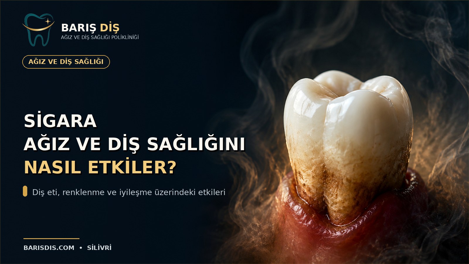Sigaranın ağız ve diş sağlığını nasıl etkilediğini gösteren lekelenmiş diş ve diş eti kapak görseli