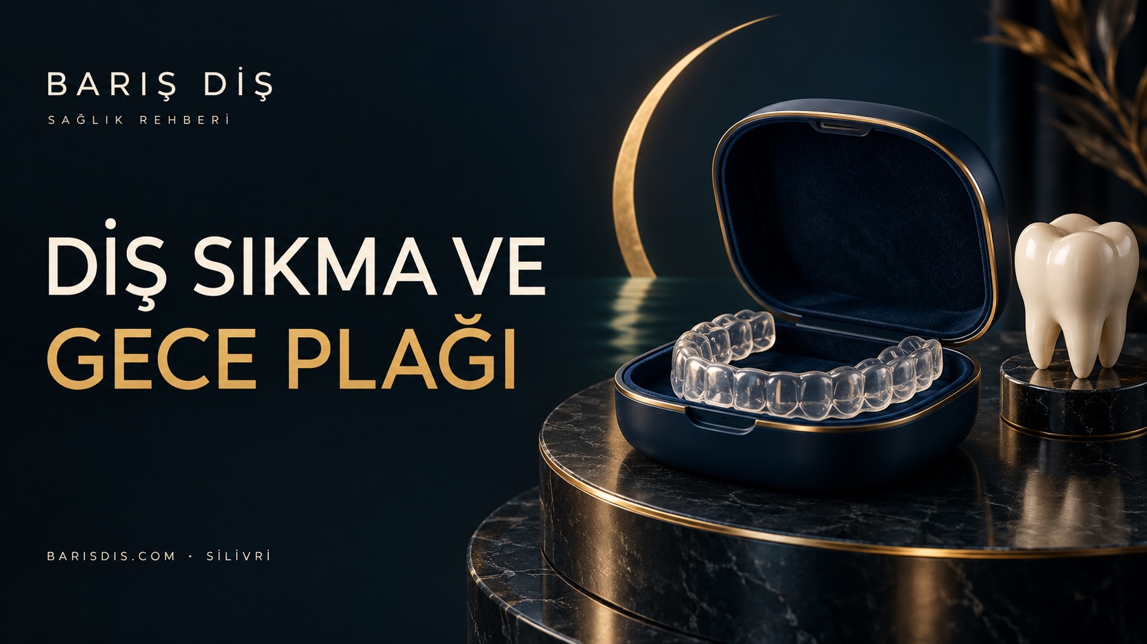 Diş sıkma rehberi için kutusunda şeffaf gece plağı ve diş modeli illüstrasyonu