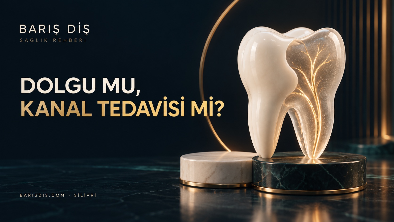 Dolgu ve kanal tedavisi farkını anlatan temsili diş modeli illüstrasyonu