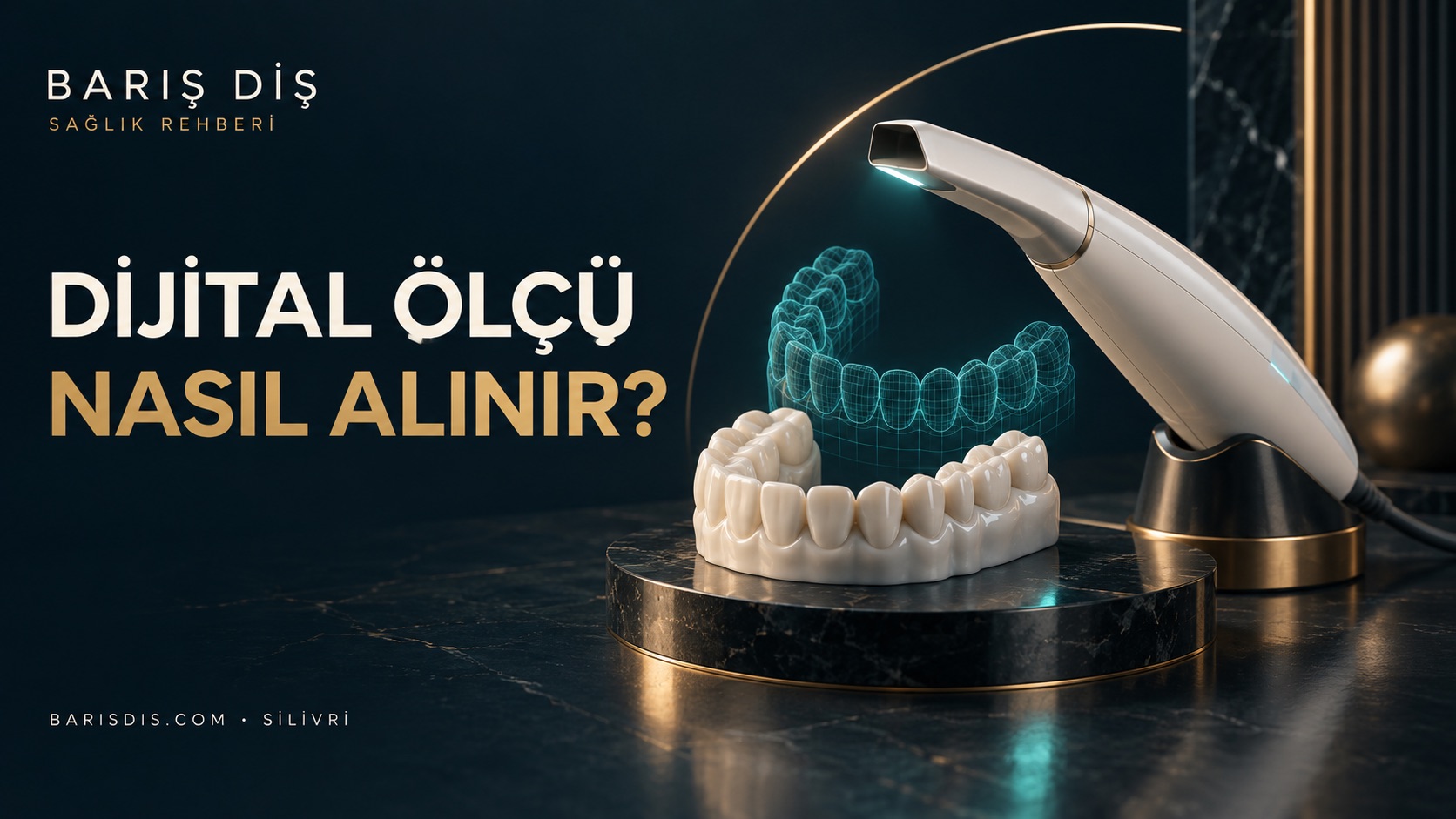 Dijital diş ölçüsü için ağız içi tarayıcı ve üç boyutlu diş modeli illüstrasyonu