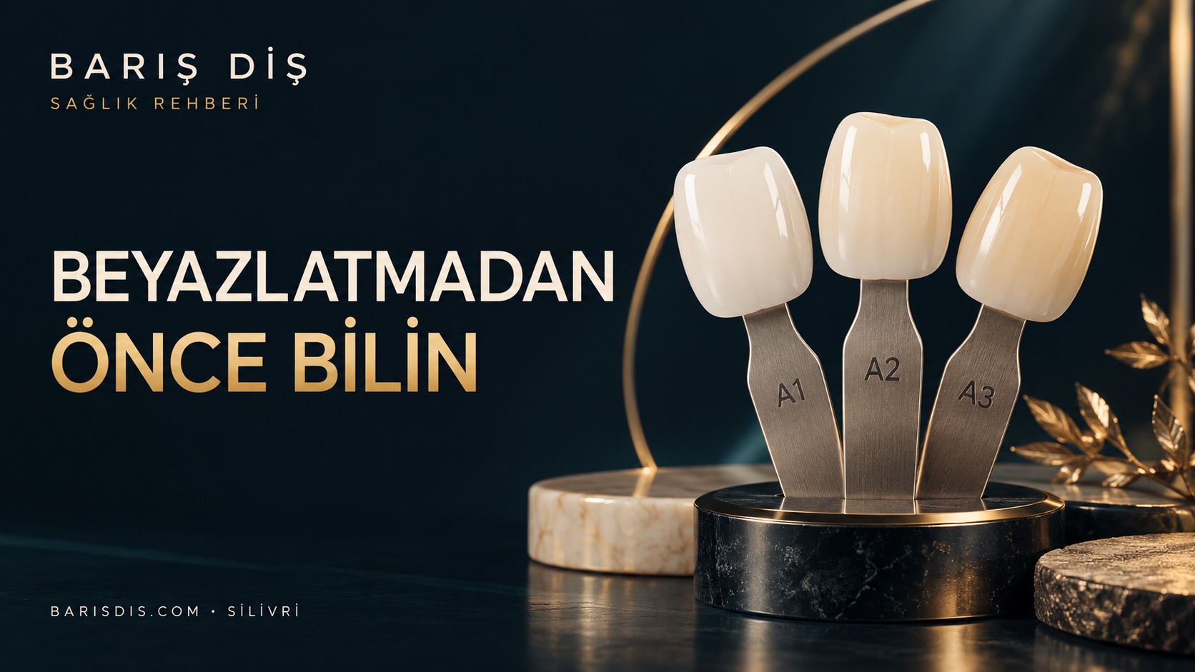 Diş beyazlatma rehberi için farklı doğal tonlarda diş renk skalası illüstrasyonu
